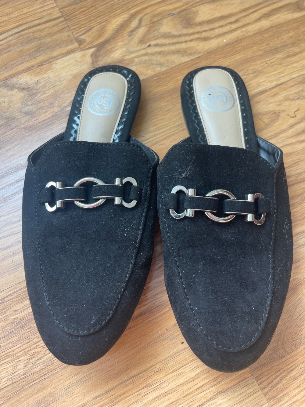 SO Black Suede Slip-On Mules with Silver Bit Detail